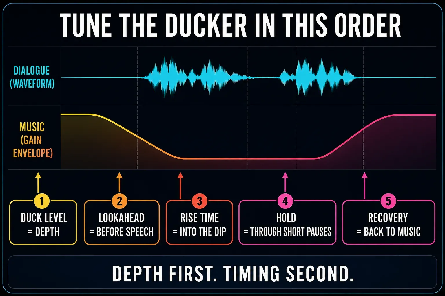 Ducker control diagram showing Duck Level, Lookahead, Rise Time, Hold and Recovery