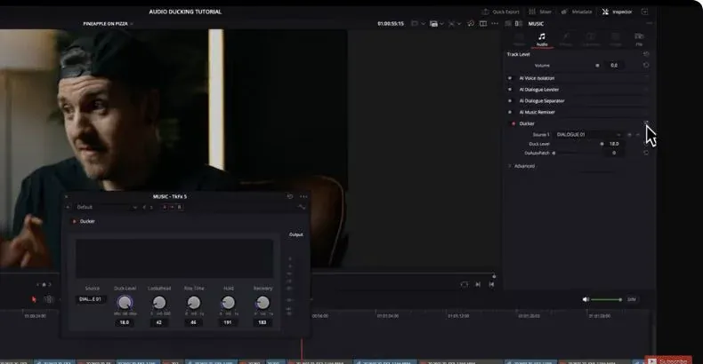 DaVinci Resolve Studio 20 Track Inspector with Ducker enabled on the music track and Dialogue 01 selected as Source 1