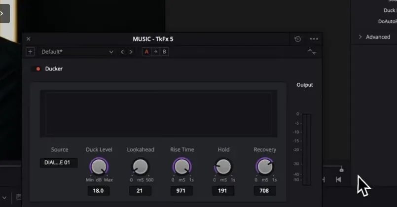 DaVinci Resolve Studio 20 Ducker Track FX window with Source, Duck Level, Lookahead, Rise Time, Hold and Recovery controls