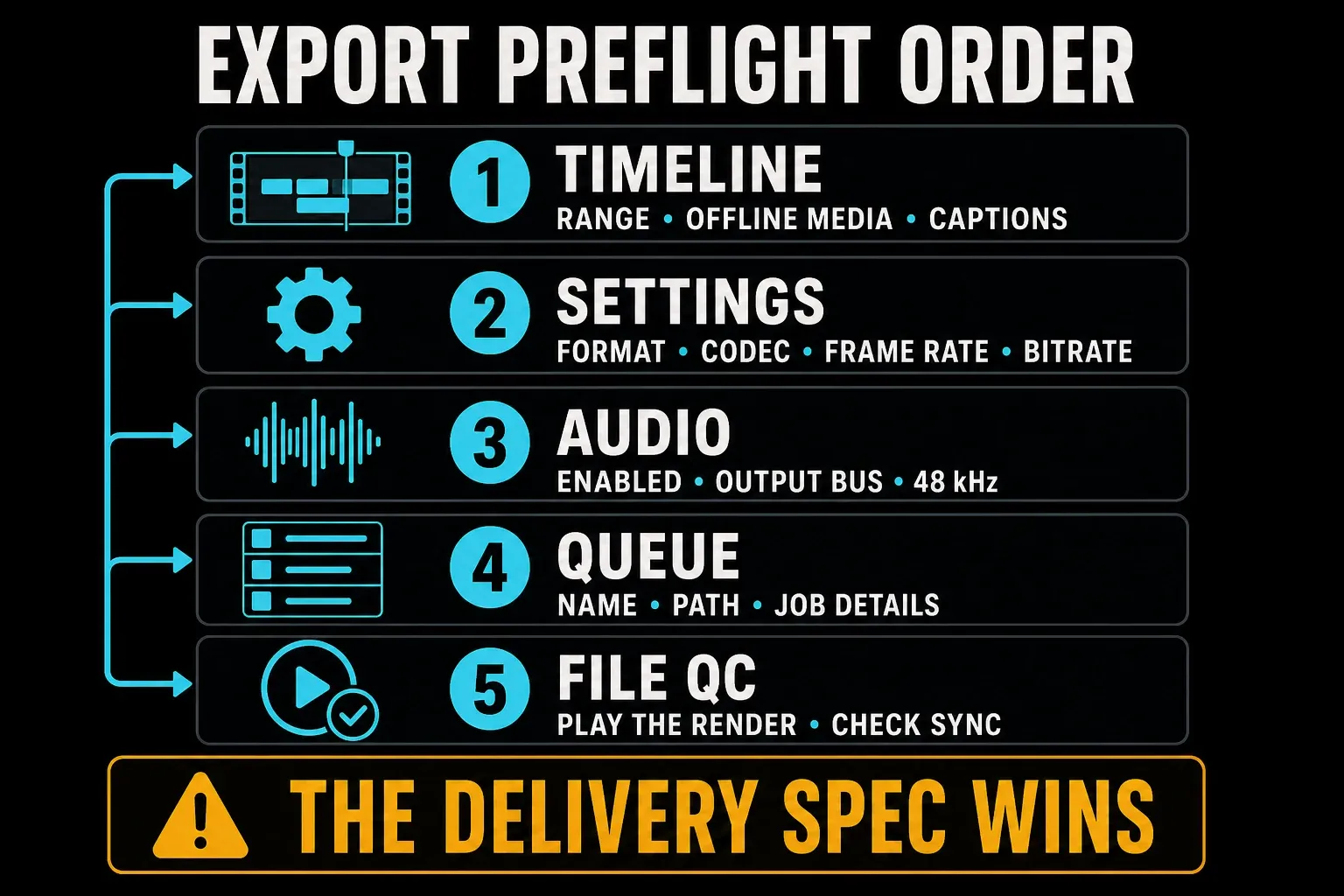 DaVinci Resolve export preflight order from timeline to final file QC