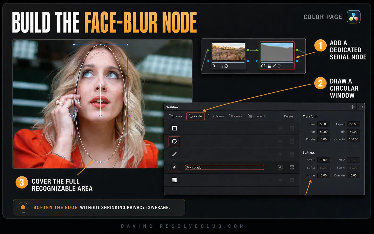 DaVinci Resolve 21 Color page Power Window sized around a face on a dedicated serial node