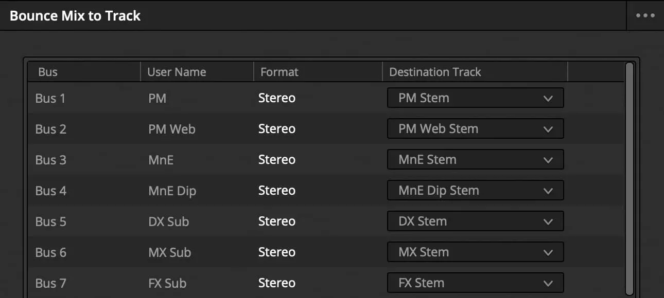 DaVinci Resolve Fairlight Bounce Mix to Track window mapping printmaster and DX MX FX buses to stem tracks