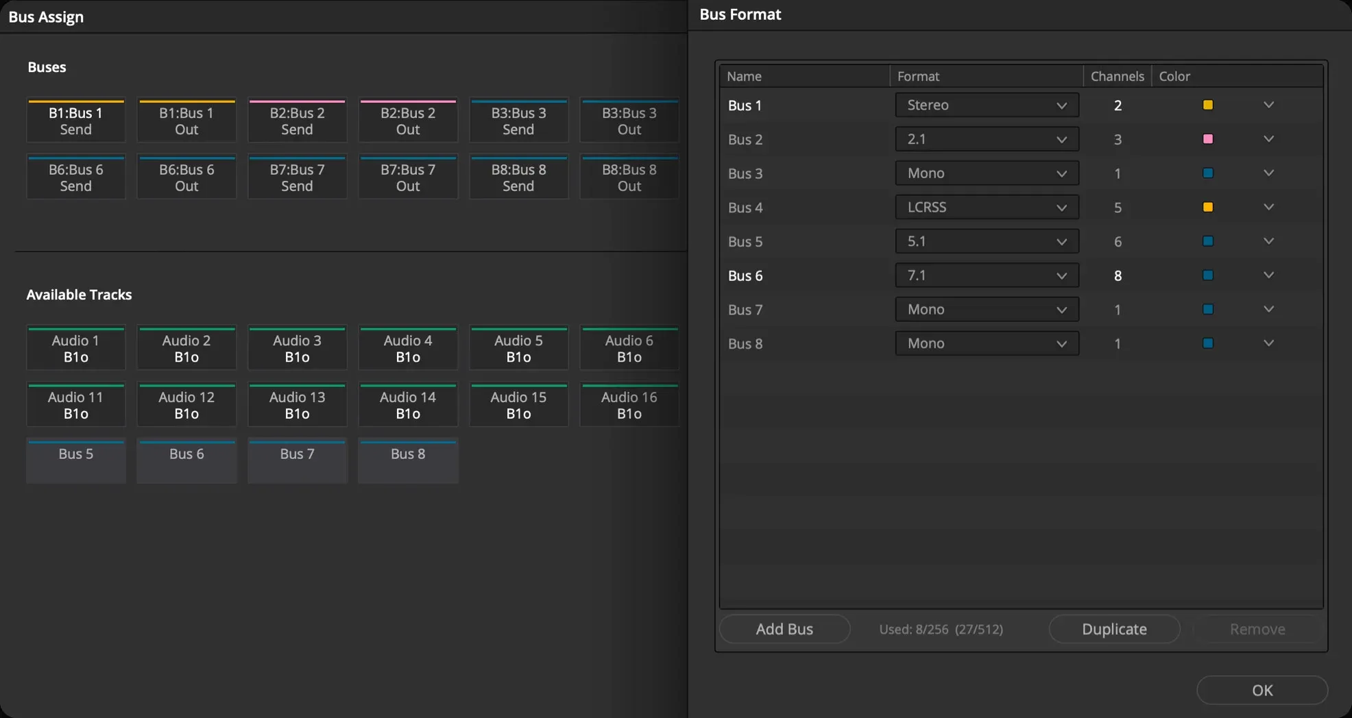 DaVinci Resolve Fairlight Bus Assign and Bus Format windows with separate Send and Out assignments