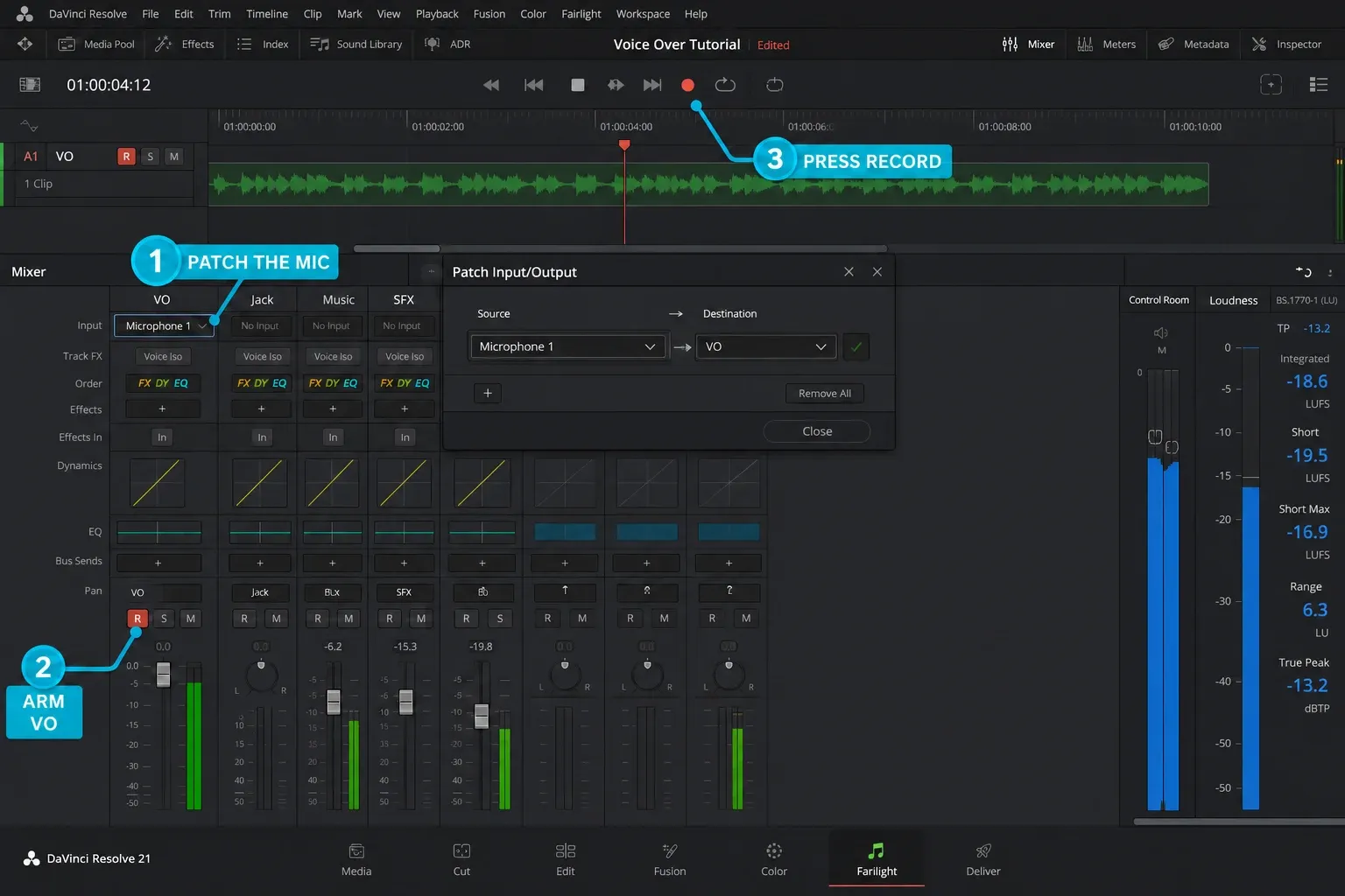 DaVinci Resolve 21 Fairlight patching Microphone 1 to a VO track, arming the track and pressing Record