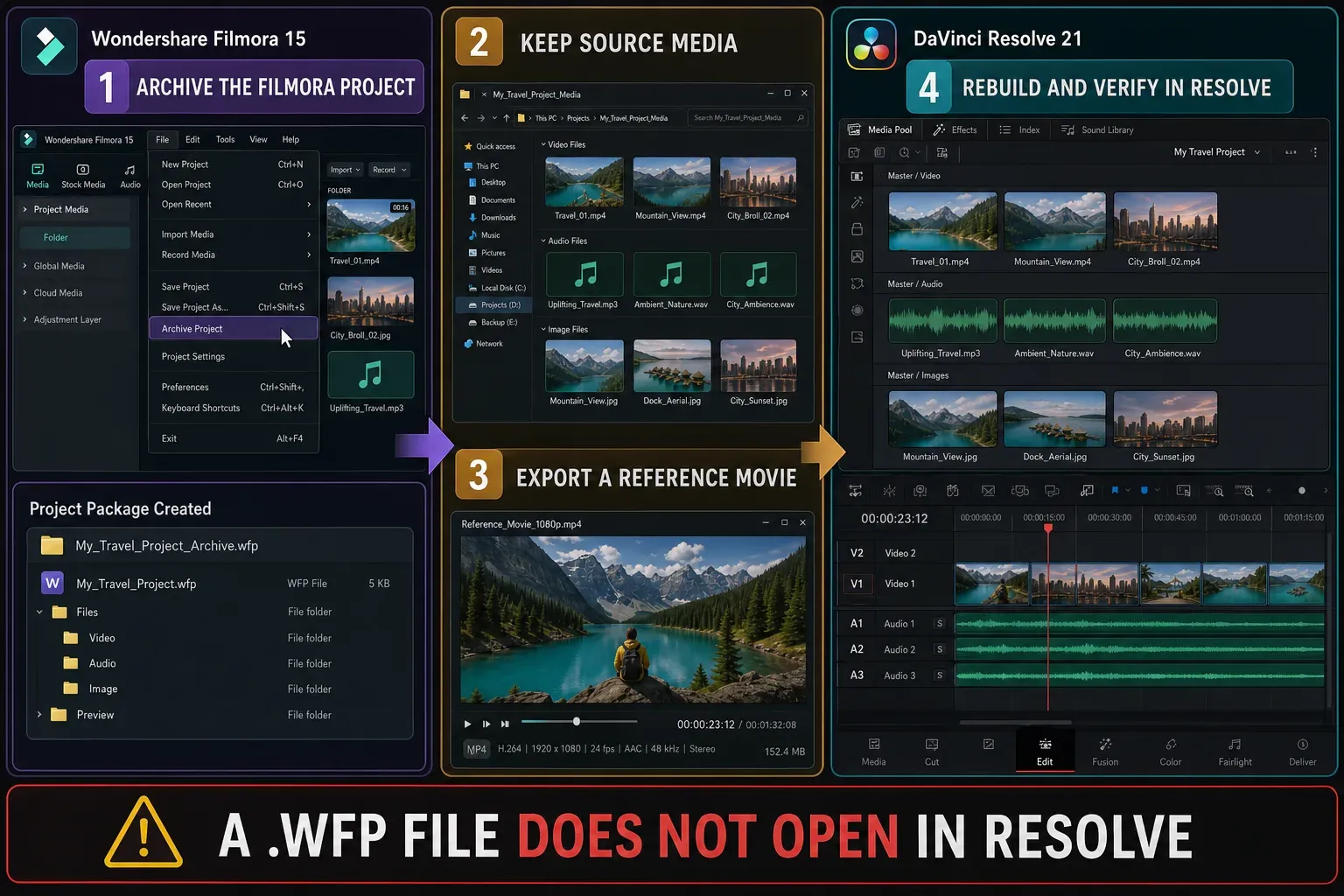 Filmora 15 project archive and reference export workflow into DaVinci Resolve 21