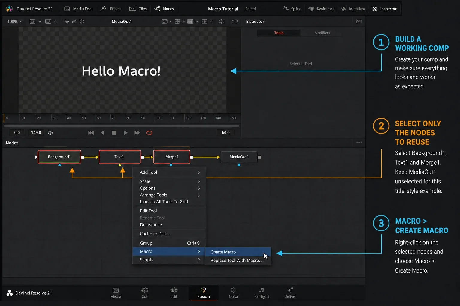 DaVinci Resolve 21 Fusion nodes selected before choosing Macro and Create Macro