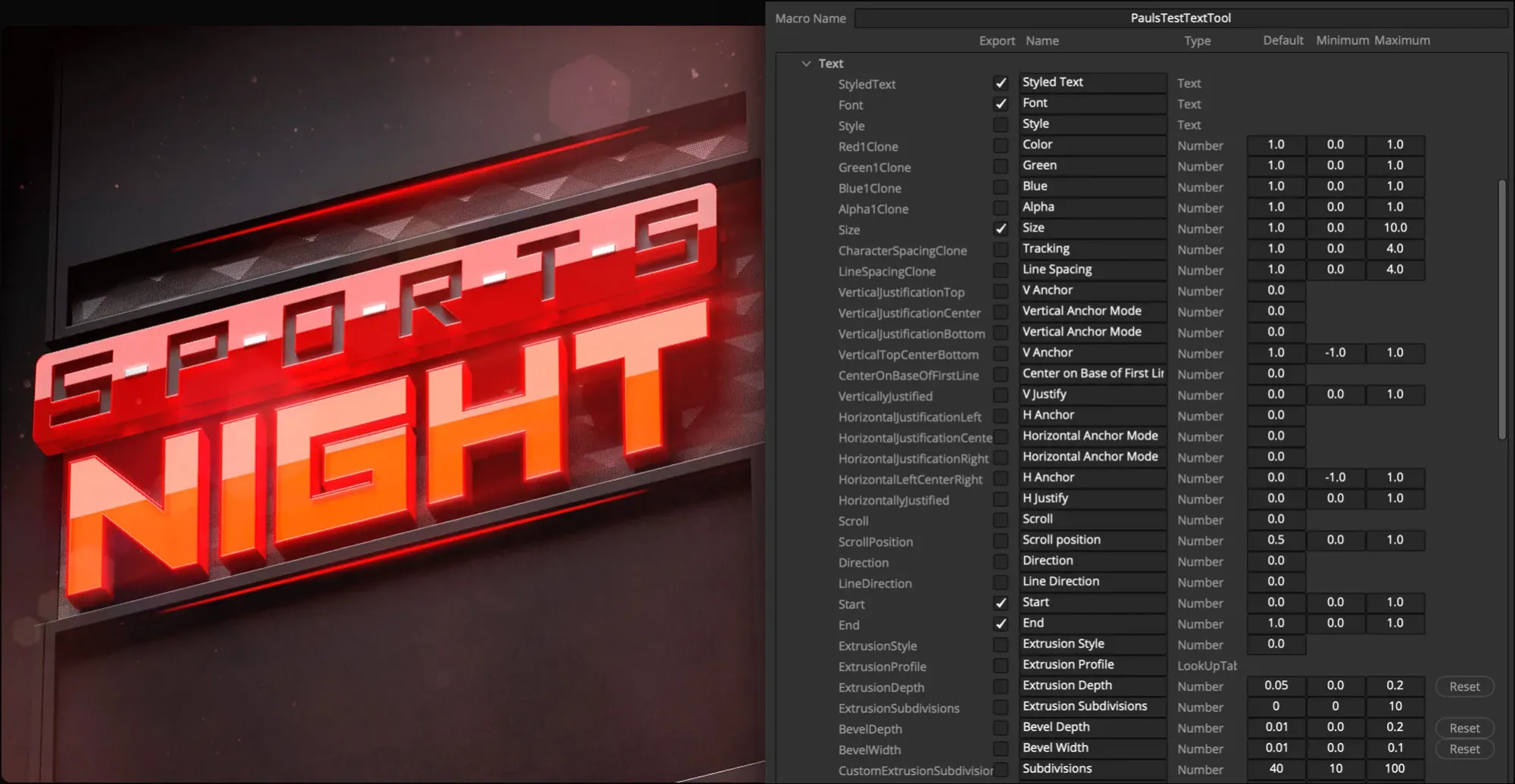 DaVinci Resolve Fusion Macro Editor selecting editor-facing controls, defaults and value ranges