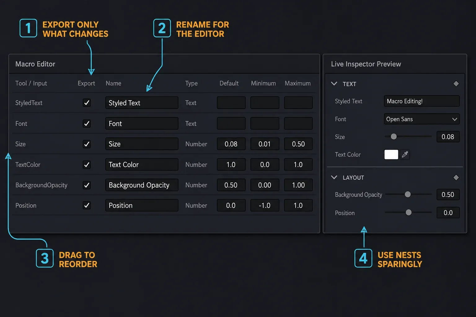 DaVinci Resolve 21 Macro Editor exporting six controls into a clean live Inspector Preview