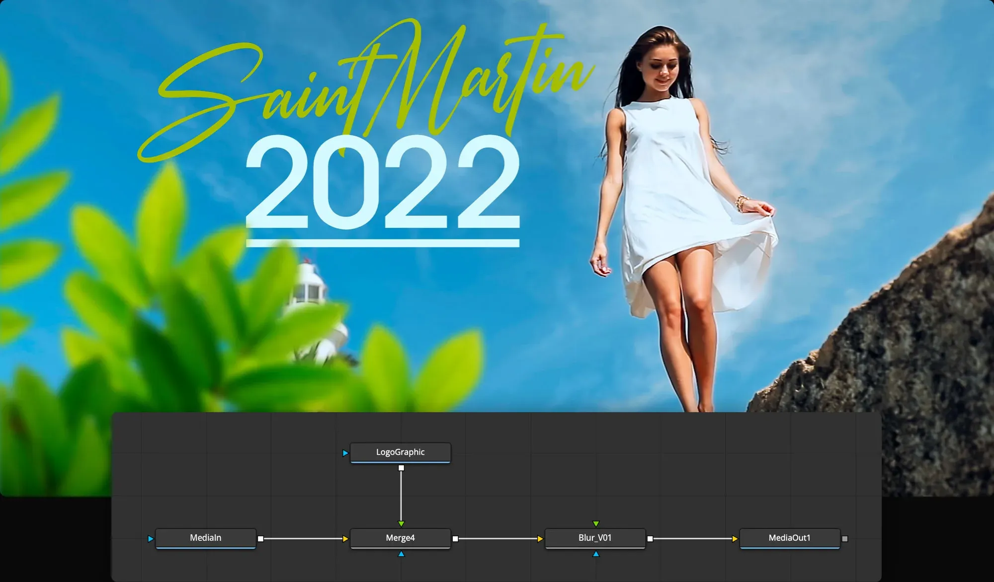 DaVinci Resolve Fusion node graph connecting MediaIn, Merge and Blur tools to MediaOut