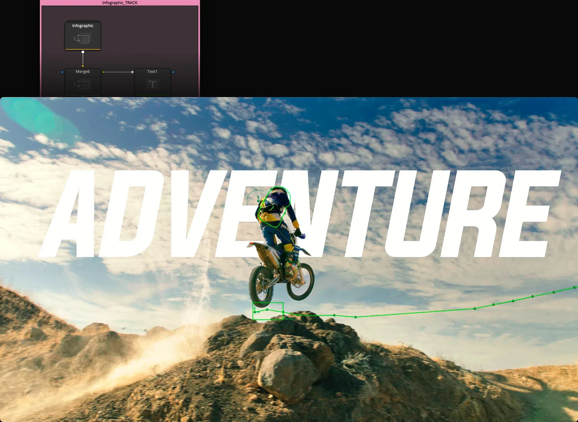 DaVinci Resolve Fusion tracker path and node graph over a moving motocross composite