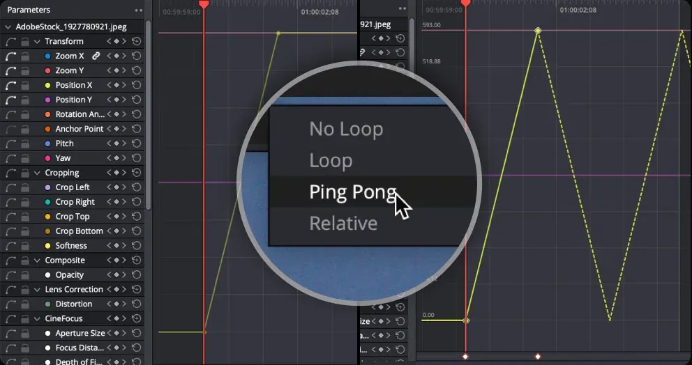 DaVinci Resolve 21 Keyframes and Curves editor with animated parameters and Ping Pong mode