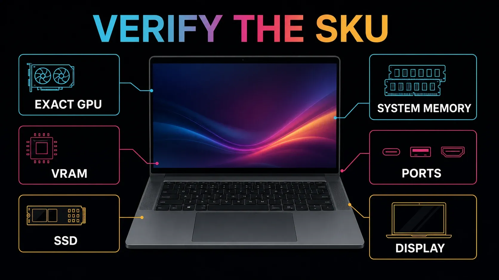 Laptop SKU checklist covering GPU, VRAM, system memory, SSD, ports and display