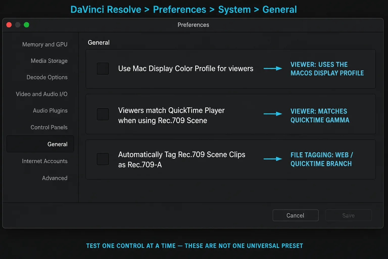DaVinci Resolve 21 macOS General preferences for display profiles, QuickTime matching and Rec.709-A tagging