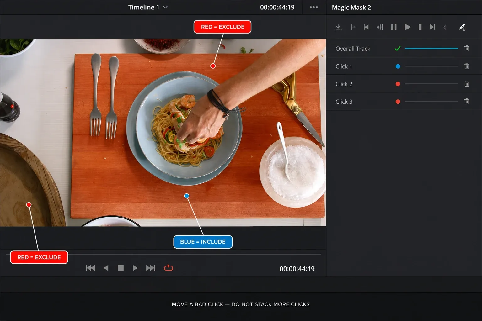 DaVinci Resolve Magic Mask 2 viewer with blue include clicks, red exclude clicks, and the current Click List