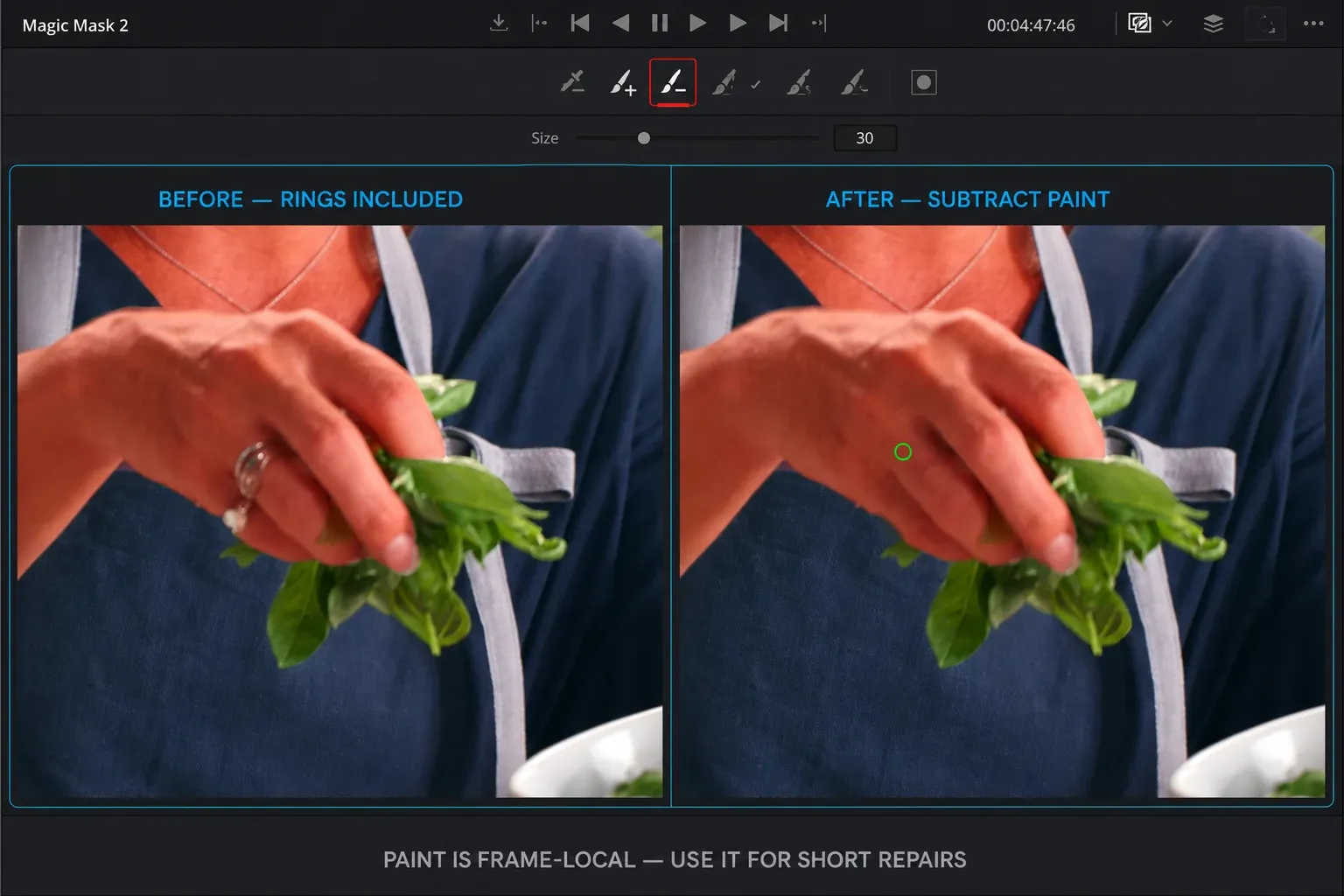 DaVinci Resolve 21 Subtract Paint tool removing silver rings from a Magic Mask on one frame