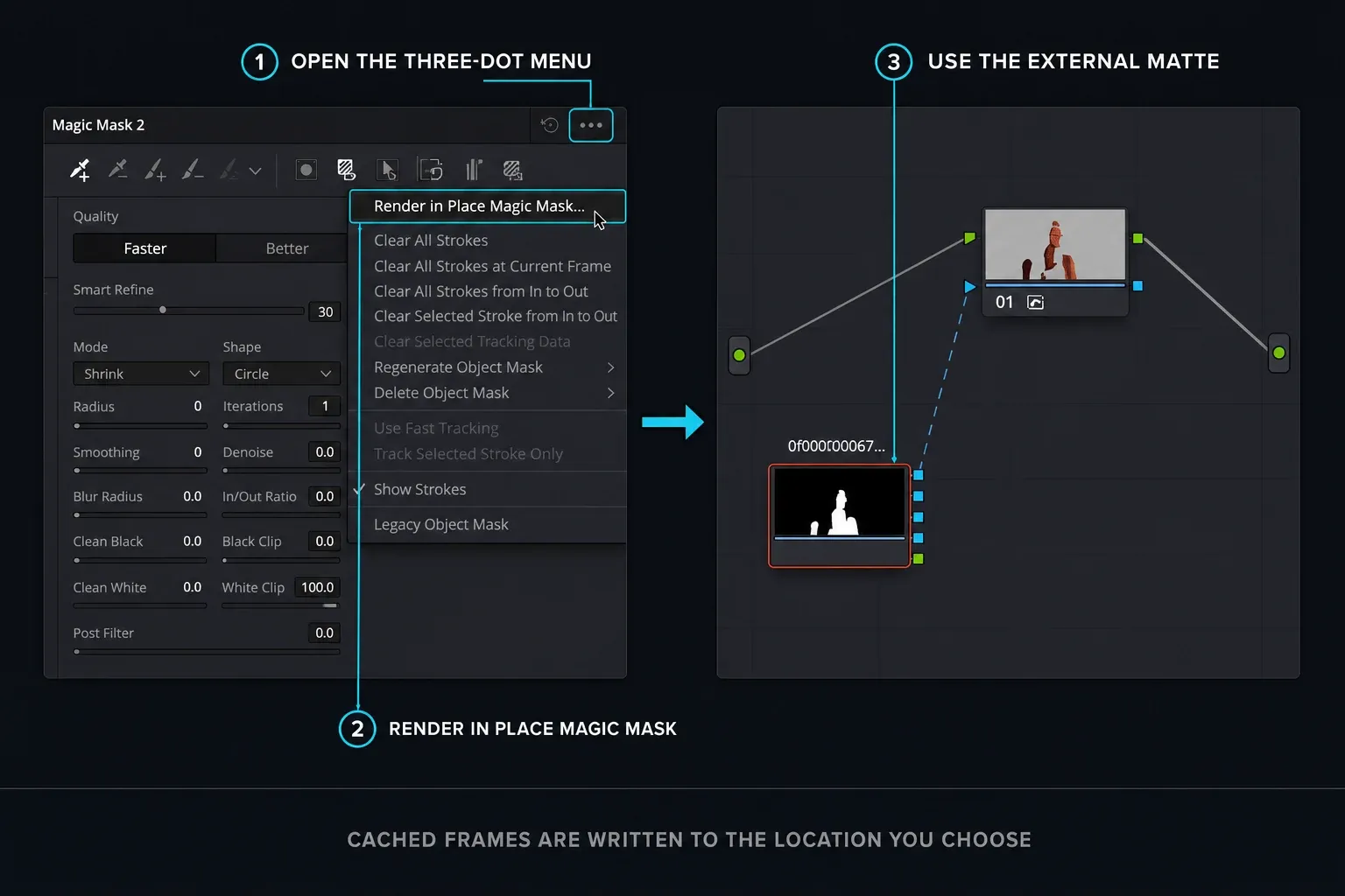 DaVinci Resolve 21 Render in Place Magic Mask menu and the resulting external matte node