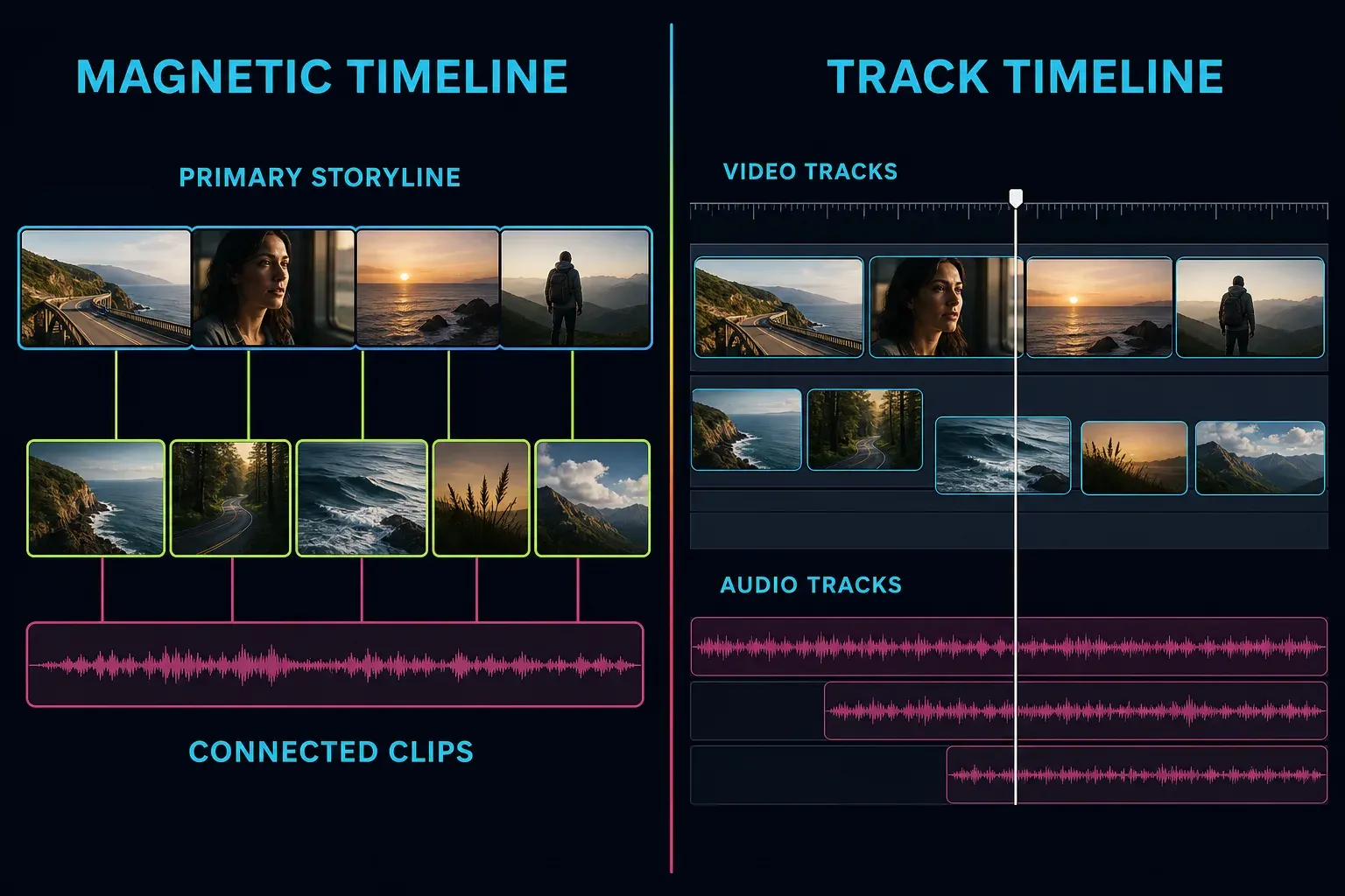 Final Cut Pro Magnetic Timeline beside DaVinci Resolve track timeline