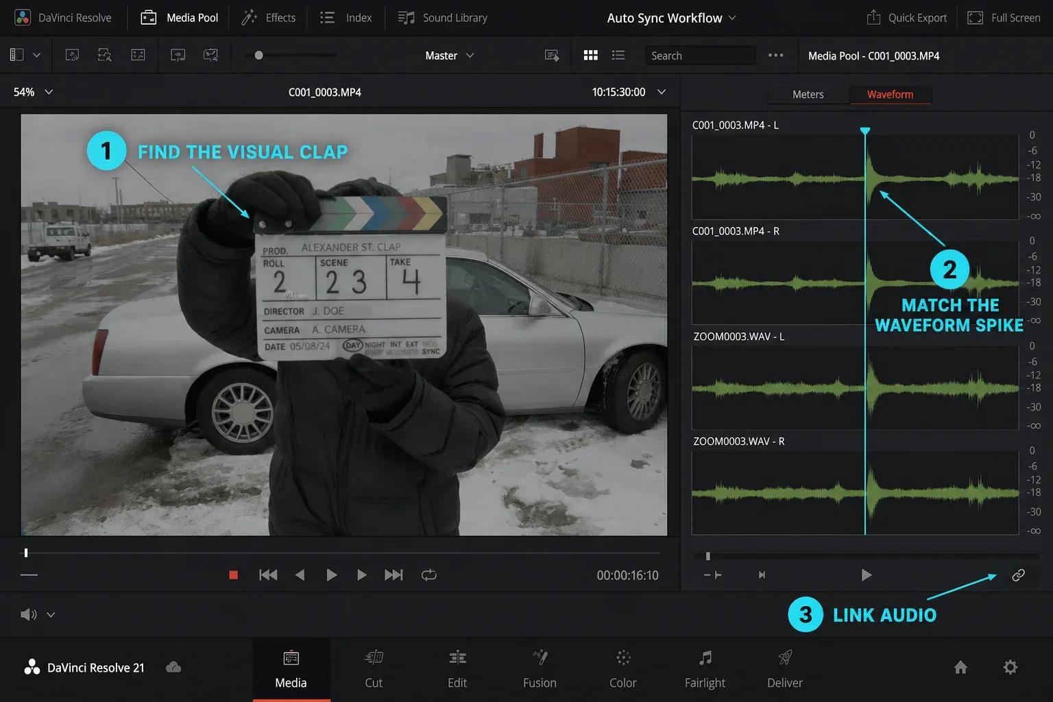 DaVinci Resolve 21 Media page aligning a visual clapperboard with an external audio waveform spike