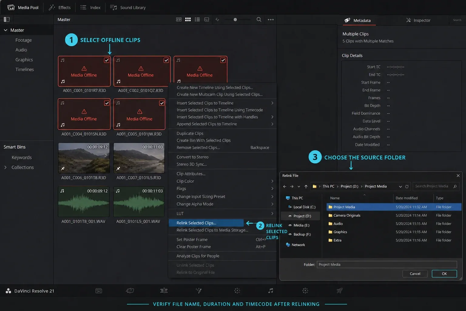 DaVinci Resolve Relink Selected Clips menu and source folder selection