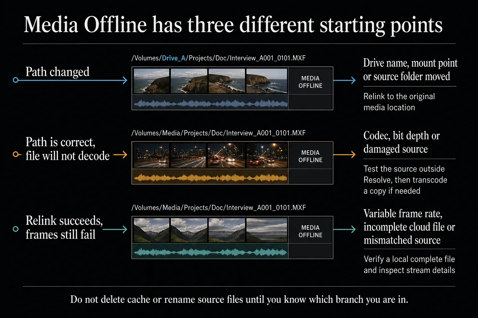DaVinci Resolve Media Offline diagnosis for changed paths, decoding failures and mismatched source files