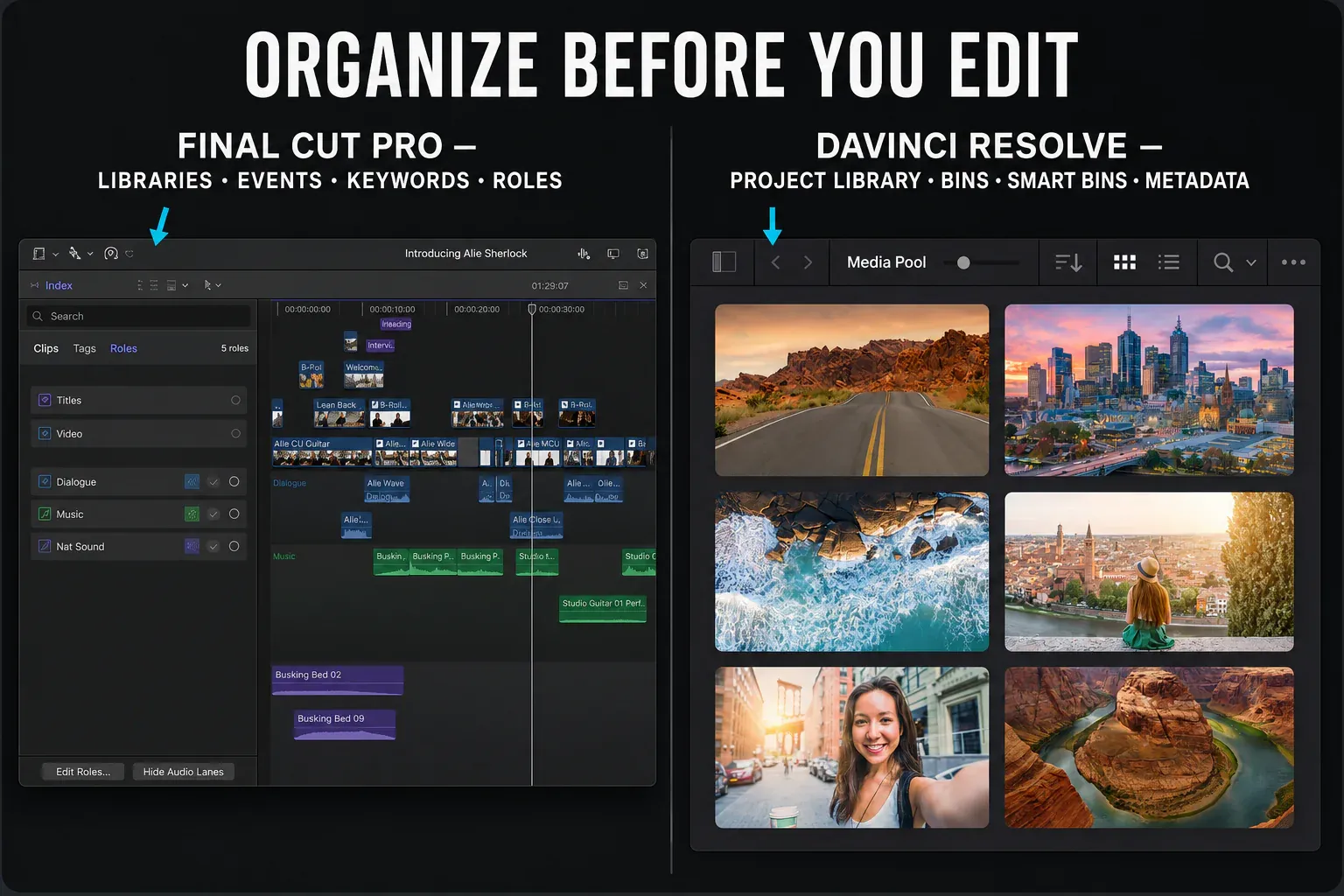 Final Cut Pro roles and timeline index beside the DaVinci Resolve Media Pool