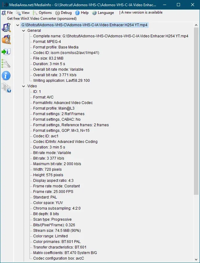MediaInfo Tree view for an MP4 H.264 file showing profile frame-rate mode chroma subsampling and bit depth