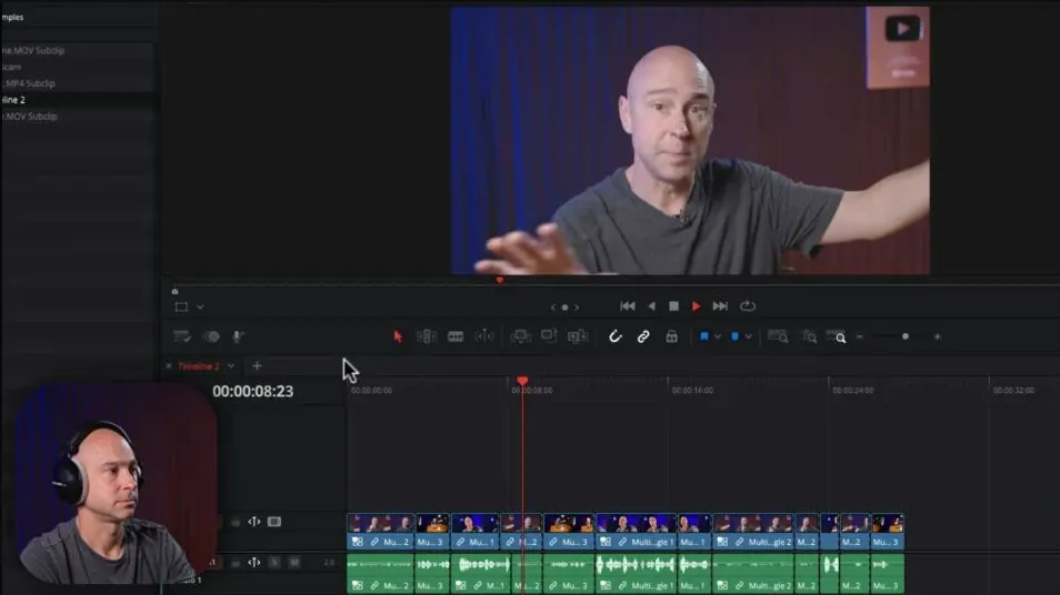 DaVinci Resolve timeline after Multicam SmartSwitch with editable camera-angle cuts over program audio