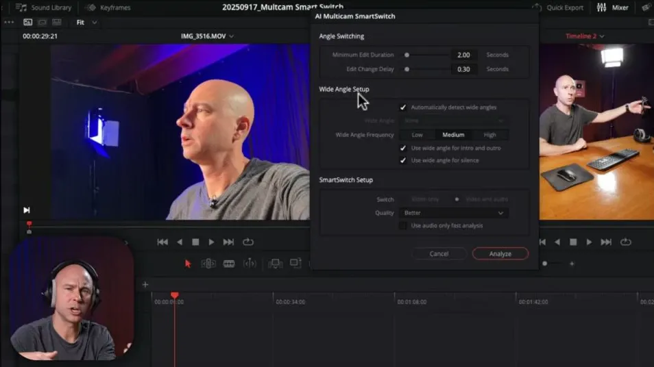 DaVinci Resolve Multicam SmartSwitch settings for edit duration, delay, wide angles, quality and audio-only analysis
