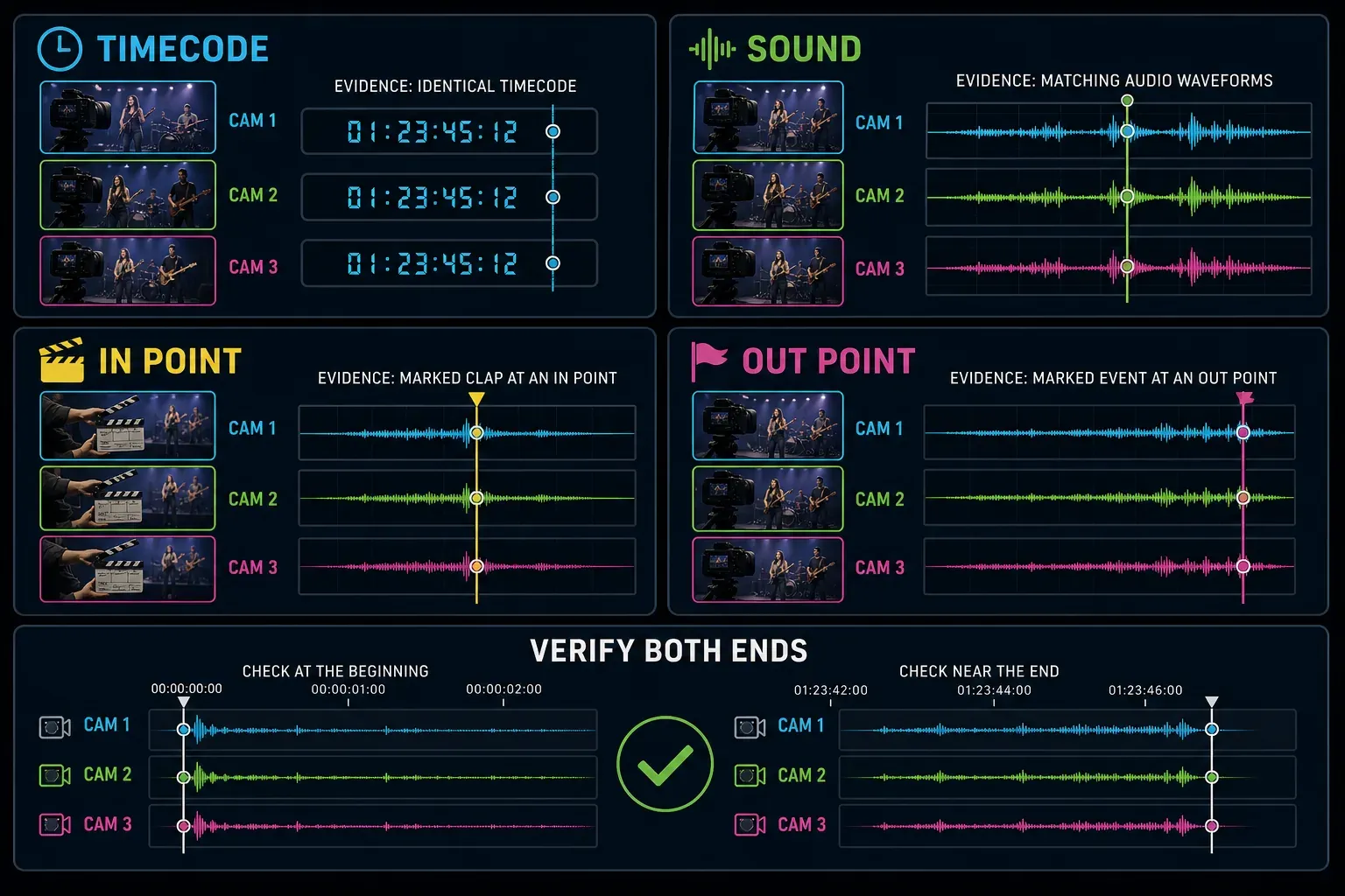 Multicam sync decision for timecode, sound, In points, and Out points in DaVinci Resolve