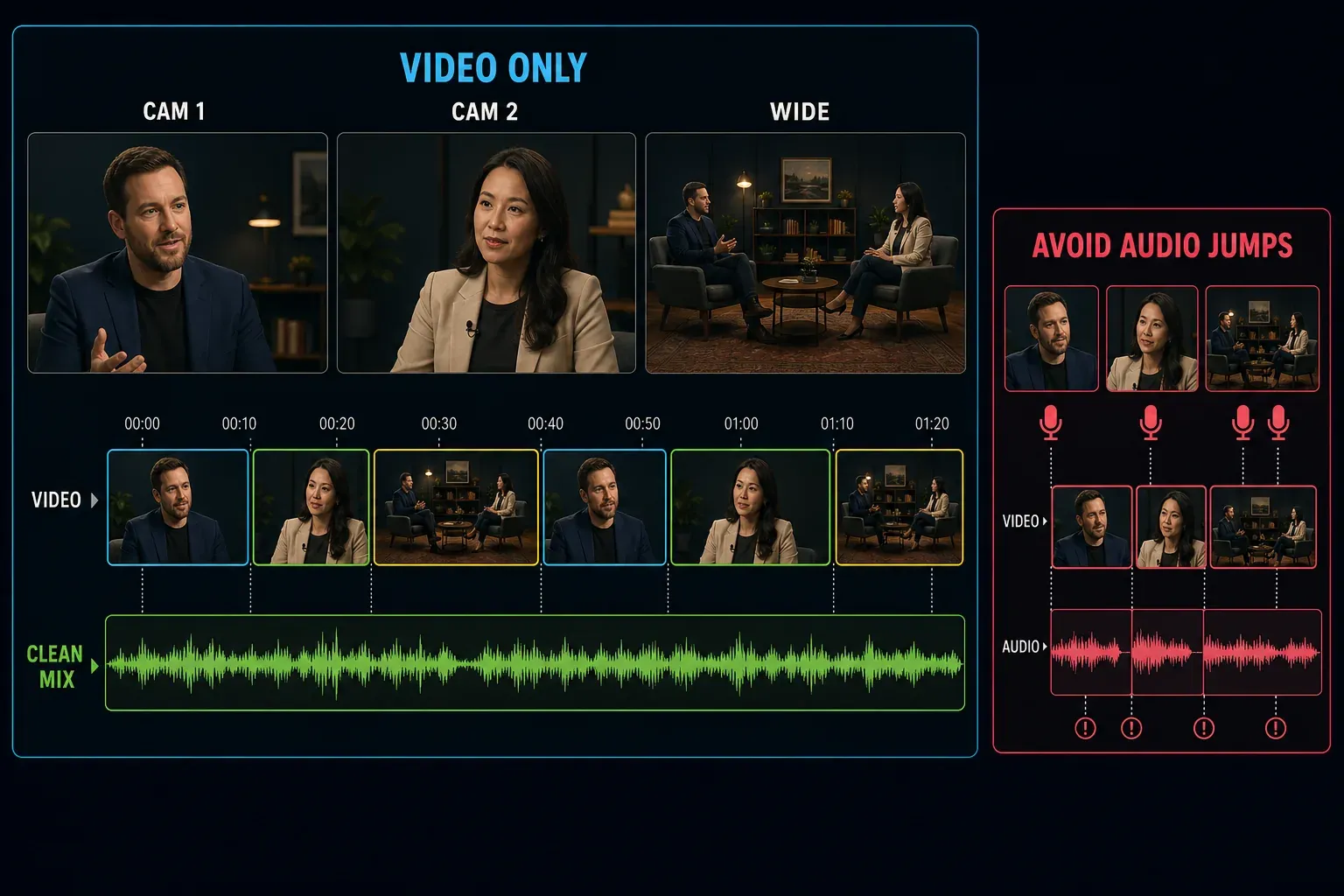 Video-only multicam angle switching above a continuous dialogue mix in DaVinci Resolve