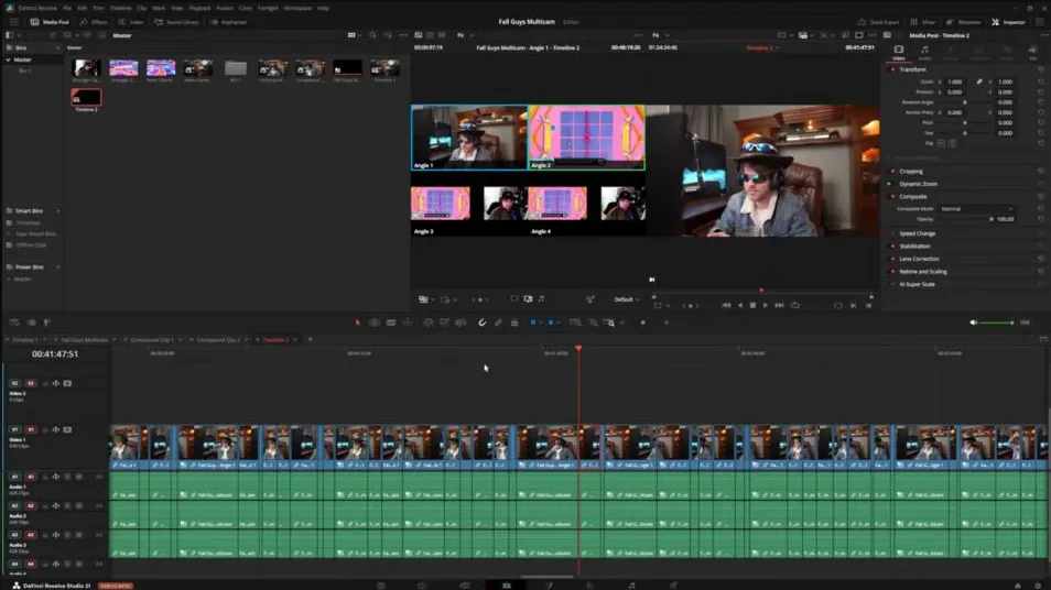 DaVinci Resolve 21 multicam viewer angle grid above a timeline with camera cuts and continuous audio tracks