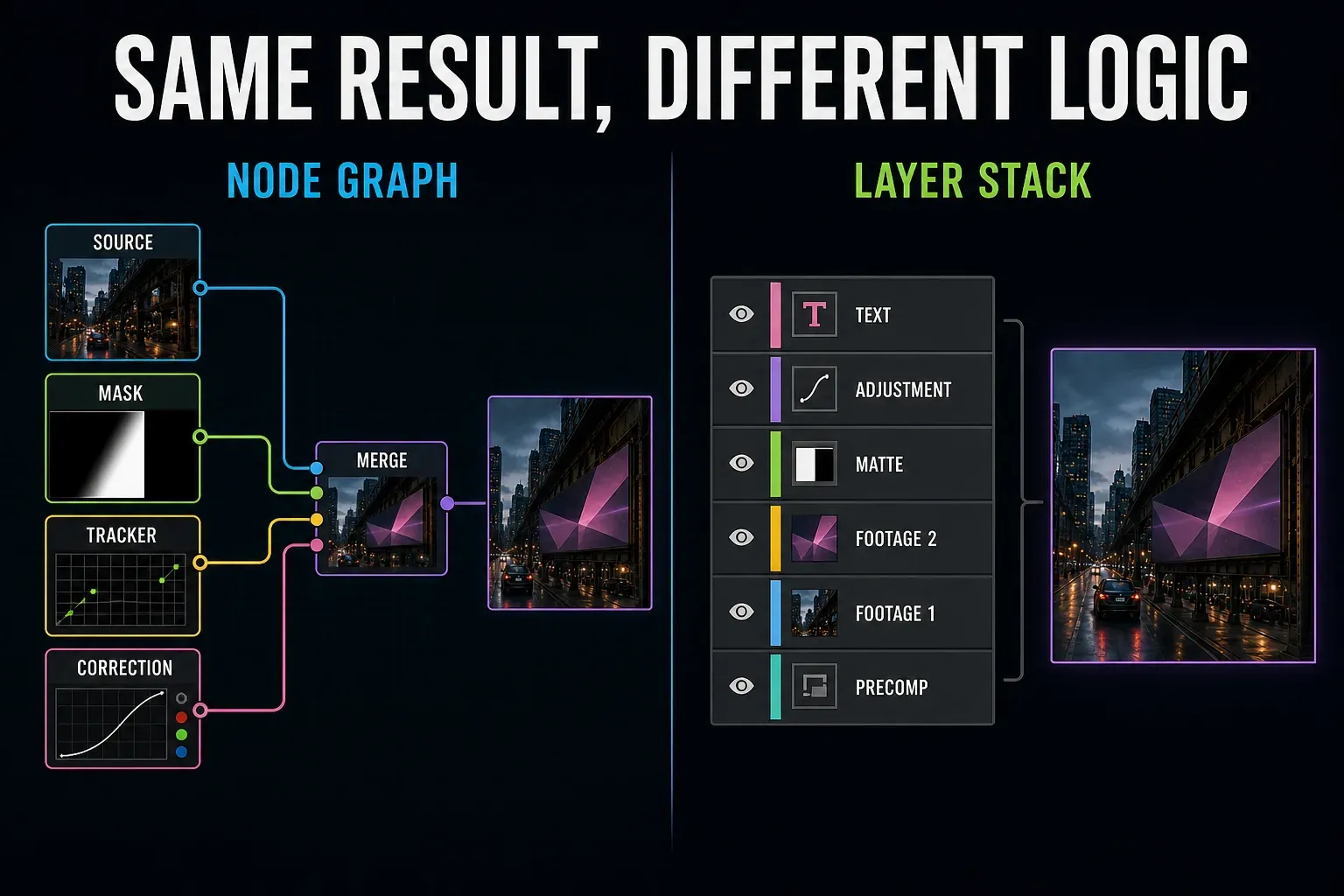 Fusion node graph compared with an After Effects layer stack
