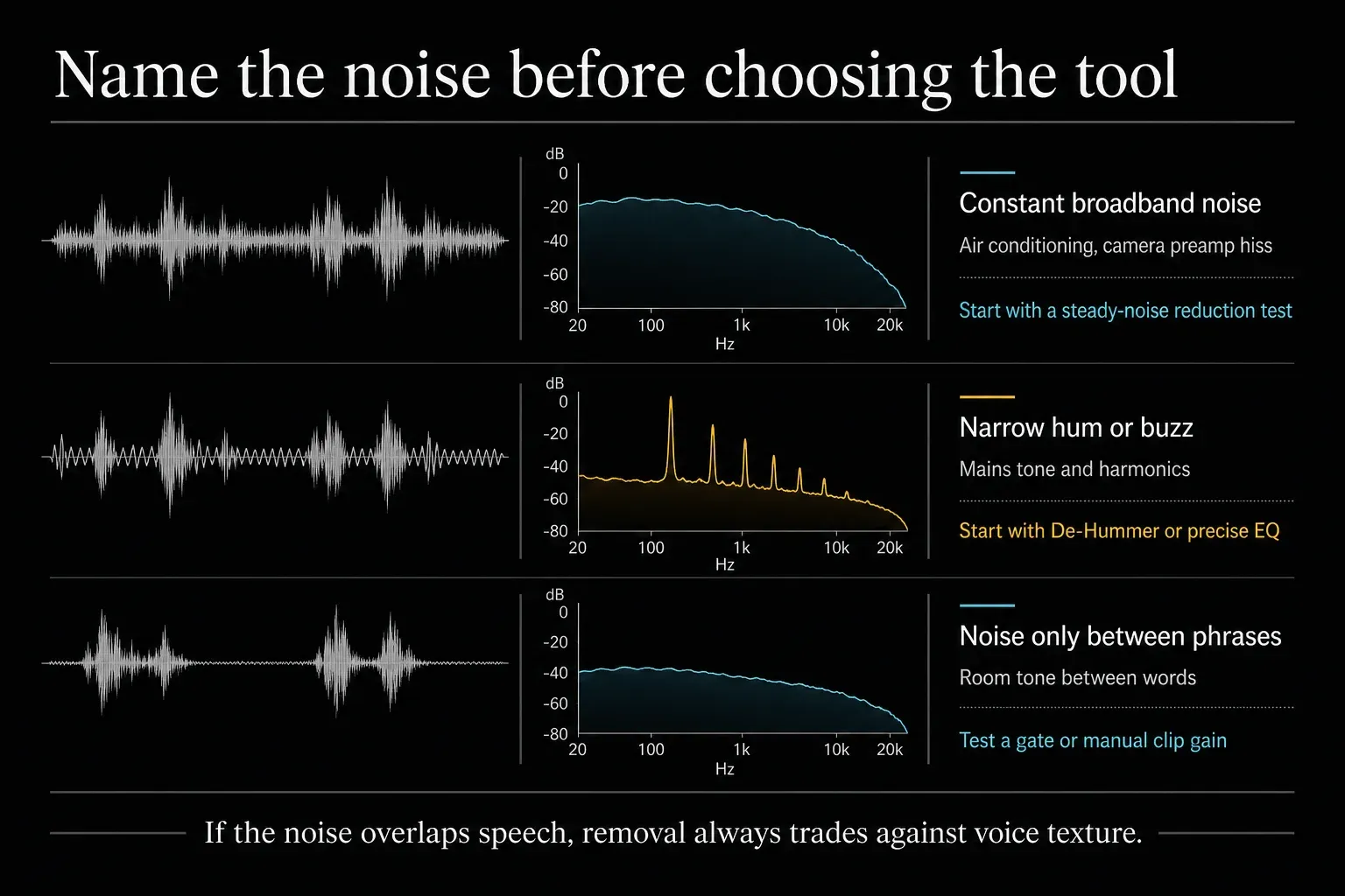 Dialogue noise diagnosis for broadband hiss, mains hum and noise between phrases