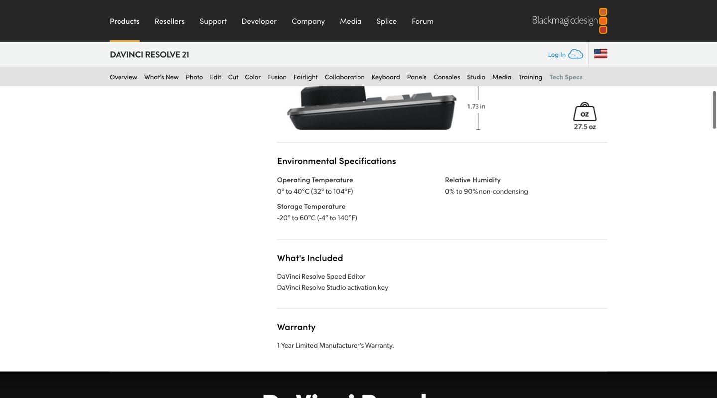 Official Blackmagic Speed Editor specifications listing the included DaVinci Resolve Studio activation key