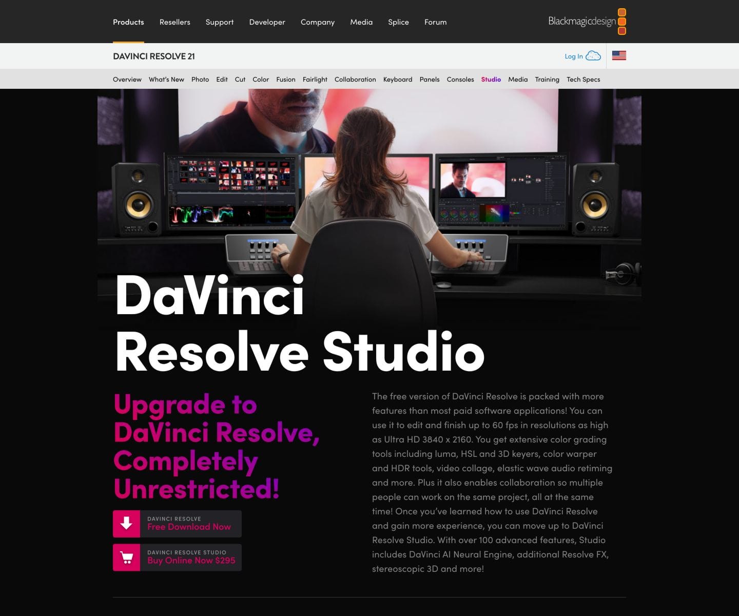 Official Blackmagic DaVinci Resolve Studio 21 page showing Free download and $295 Studio purchase options