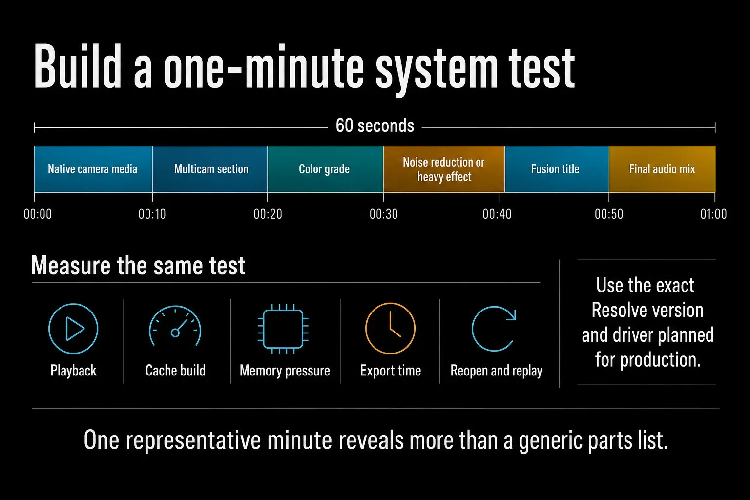 One-minute DaVinci Resolve system test with native media, multicam, grade, effects, Fusion and audio