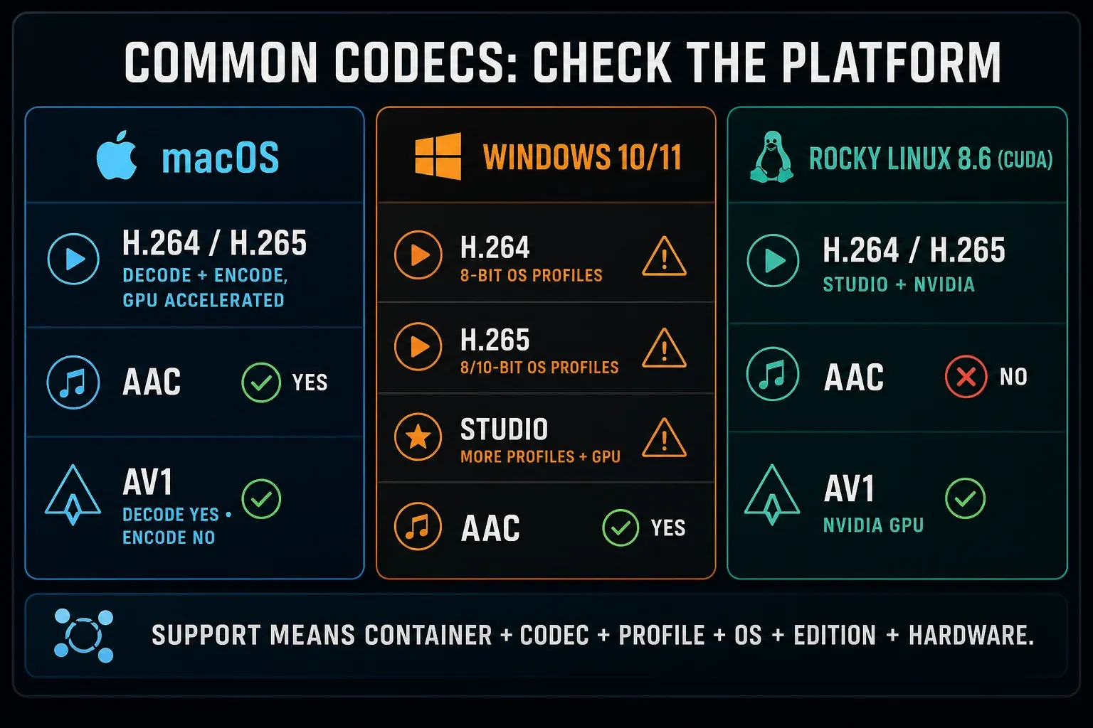DaVinci Resolve common codec differences across macOS, Windows 10 and Rocky Linux 8.6 CUDA