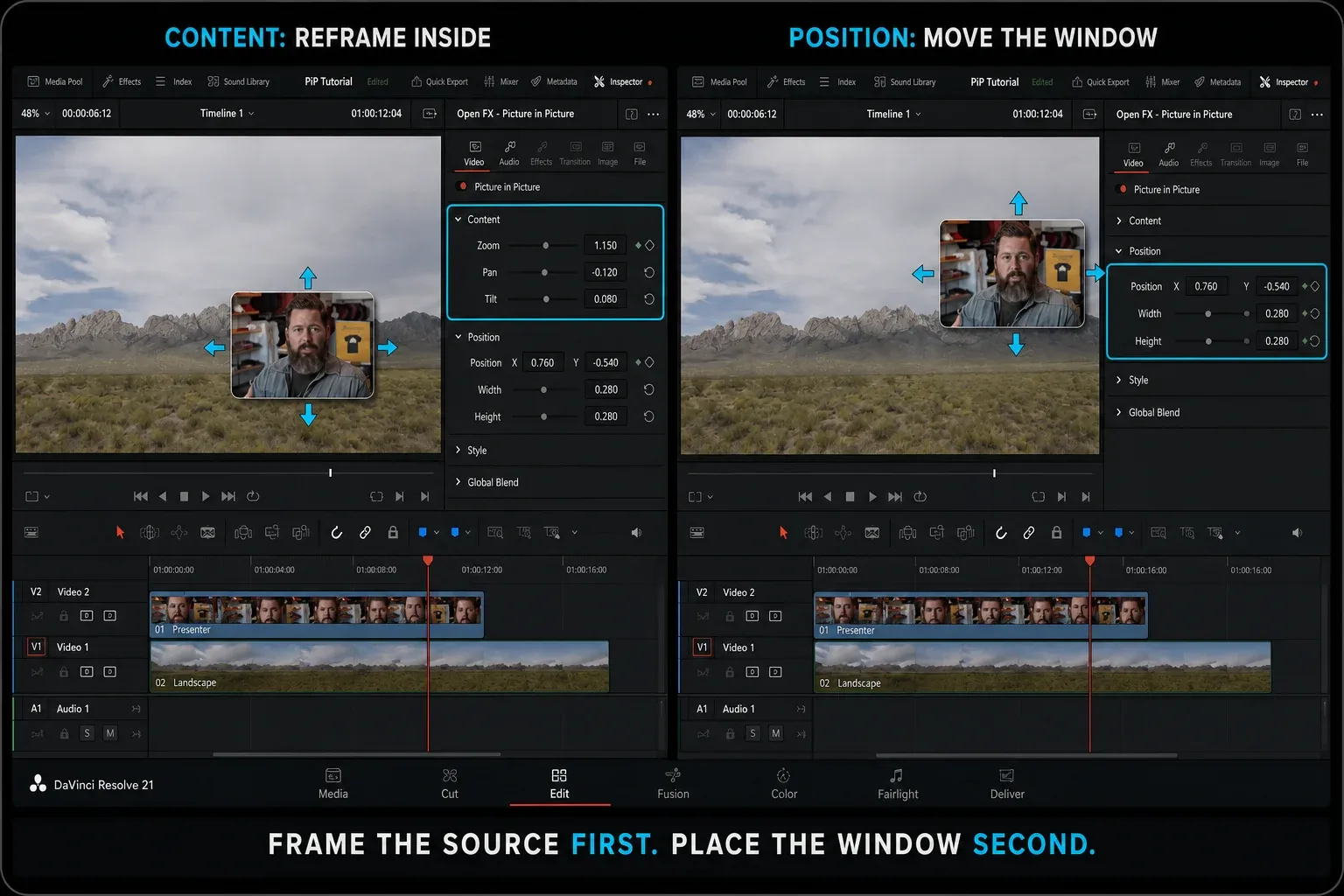 DaVinci Resolve 21 Picture in Picture Content controls compared with Position controls for the inset window