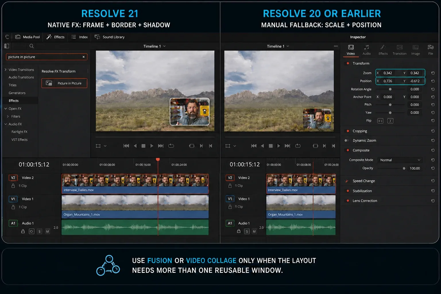 DaVinci Resolve 21 native Picture in Picture effect compared with the manual Transform method for Resolve 20 and earlier