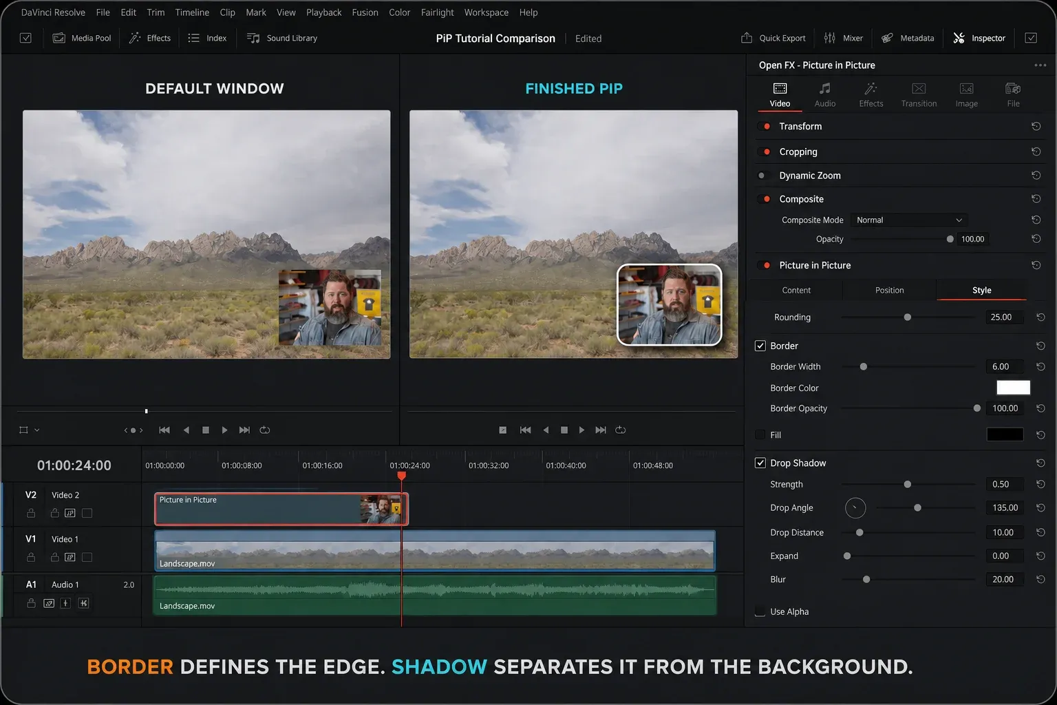 DaVinci Resolve 21 Picture in Picture before and after rounded corners, border and drop shadow