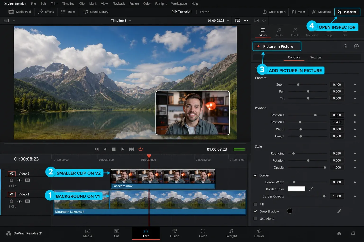 DaVinci Resolve 21 Edit page with a background on V1, facecam on V2 and Picture in Picture controls in the Inspector