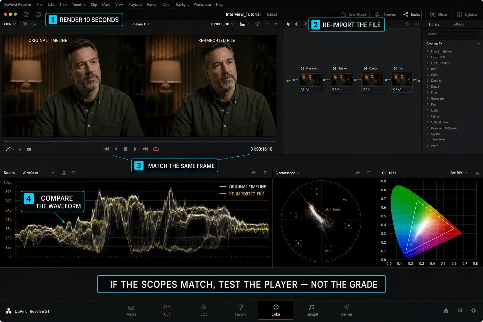 DaVinci Resolve Color page comparing an original timeline frame with a re-imported render on the waveform