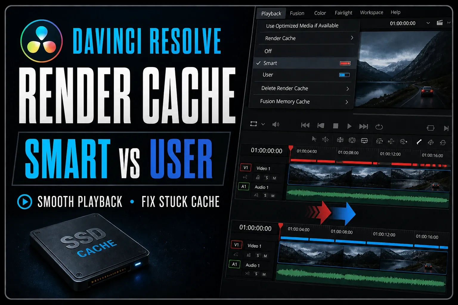 DaVinci Resolve Render Cache guide comparing Smart and User modes with red and blue timeline cache bars