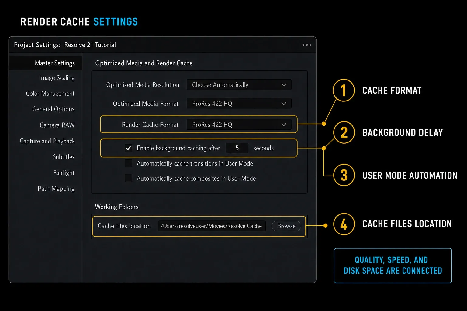 DaVinci Resolve 21 Project Settings showing Render Cache Format, background caching and Cache files location