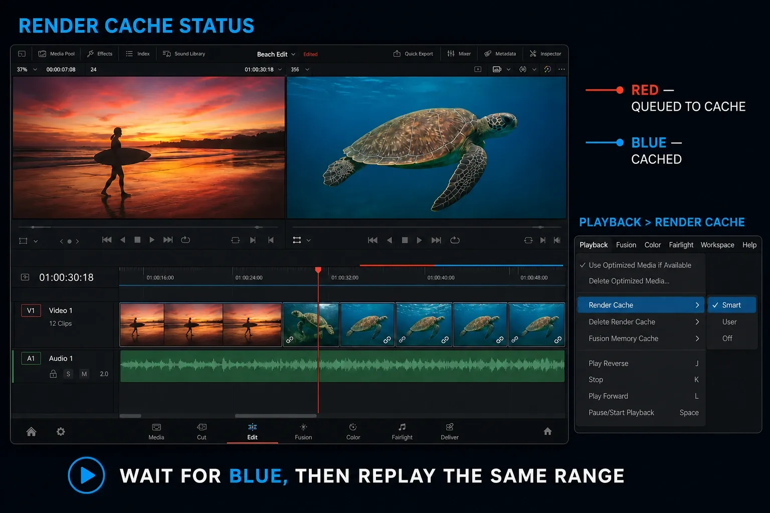 DaVinci Resolve 21 Playback menu with Smart Render Cache and red and blue cache bars on the timeline