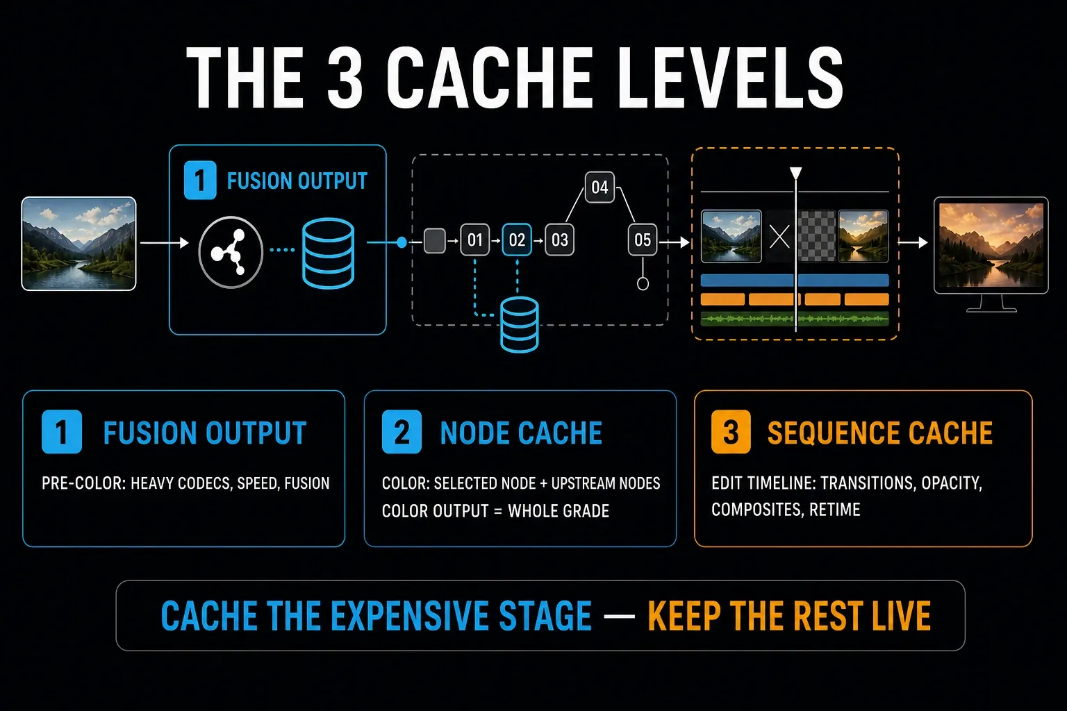 Diagram of DaVinci Resolve Fusion Output, Node and Sequence cache levels in the processing flow