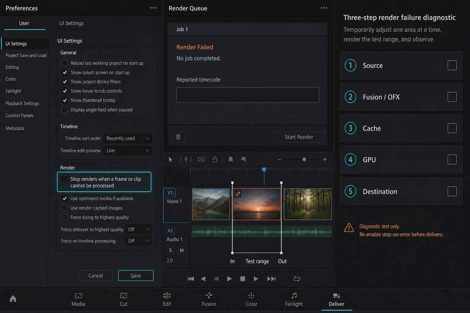 DaVinci Resolve UI workflow for recording a render error timecode and testing a short timeline range