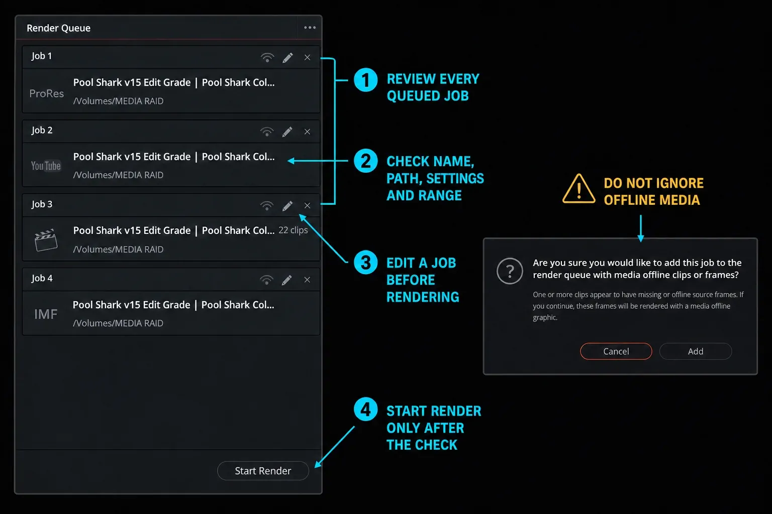DaVinci Resolve 21 Render Queue with output path and offline-media warning checks