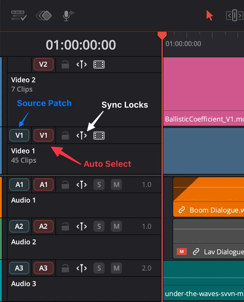 DaVinci Resolve 20.2 Source Track Selector with blue source V1 and A1 beside red timeline destinations