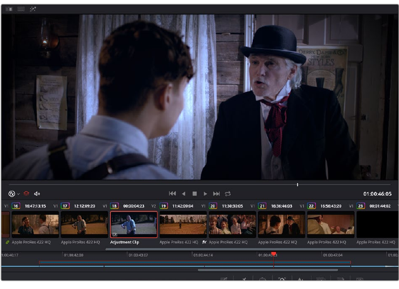 Resolve 21 Color page with an Adjustment Clip selected in the mini timeline